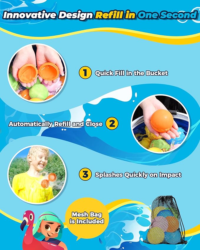 SOPPYCID 20 Pcs Reusable Water Balloons, Self Sealing, Refillable Water Bomb Splash Balls, Pool Beach Water Toys for Kids Ages 3-12, Kids Toys for Summer Fun Outdoor Activities Water Party Favors