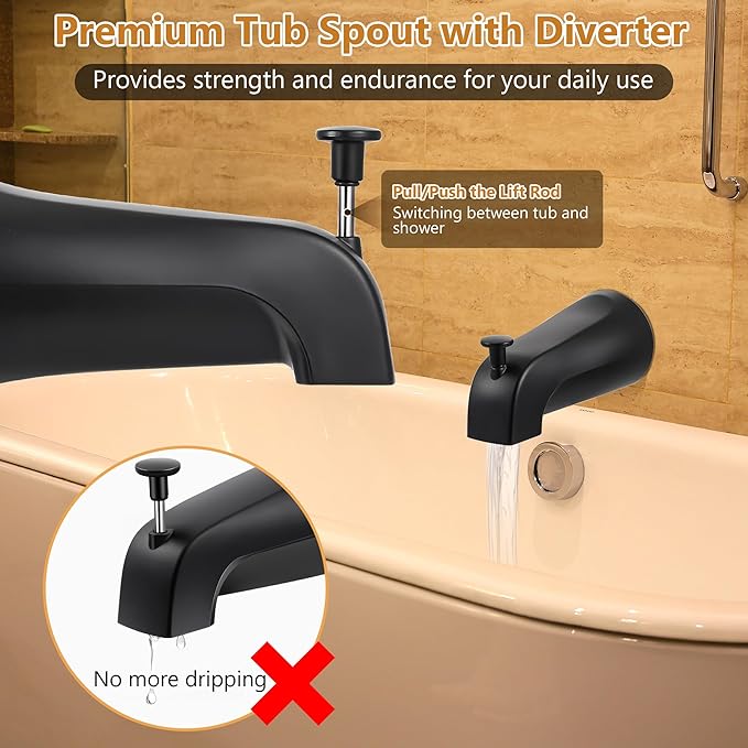 Dreyoo Tub Spout (Universal Fits 1/2" Copper Pipe, 1/2" IPS and 3/4" IPS), Bathroom Bathtub Faucet with Adapters and Hex Wrench(Matte Black,Simple)