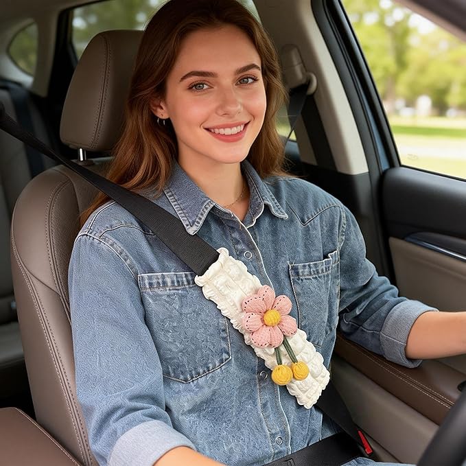Cute Flower Seat Belt Cover Pads, 2 Pcs & 4 Pcs Seatbelt Covers for Women Adults, Car Seat Strap Pads, Seatbelt Cushion (Pink,2)