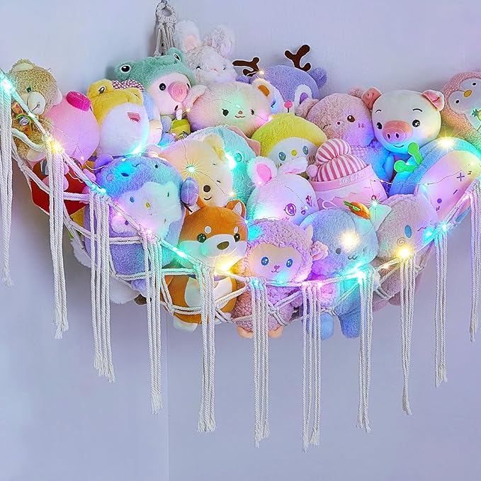 Basumee Stuffed Animals Net or Hammock with LED Light, Hanging Stuffed Animals Storage Toy Hammock Net Corner Wall Girls Room Decor Toy Storage Organizer, White, L