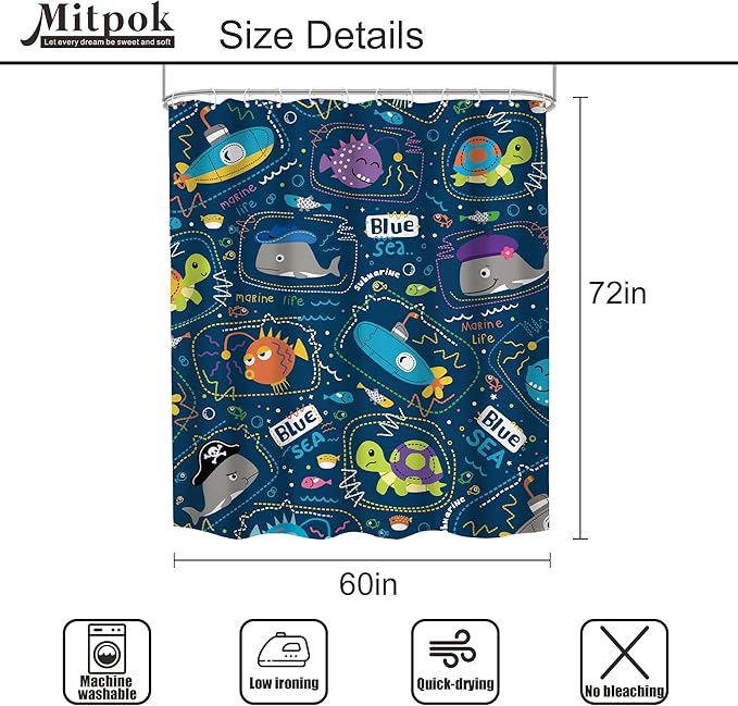Funny Boys Ocean Shower Curtain 60Wx72H Navy Summer Kids Toddler Nursery Cartoon Sea Animal Cute Fish Fun Underwater Marine Coastal Bathroom Decor Bath Curtain Fabric Polyester 12 Pack Hooks