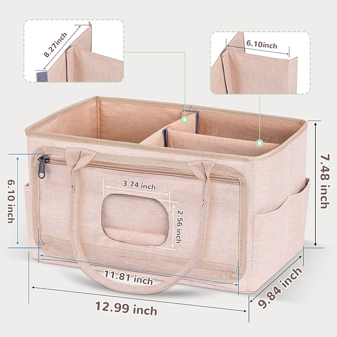 Volnamal Premium Diaper Caddy with Smart Side Wipes Pocket, Diaper Organizer, Portable Car Organizer & Nursery Basket for Newborn Essentials, Perfect Registry Must Haves for Boys & Girls, Beige