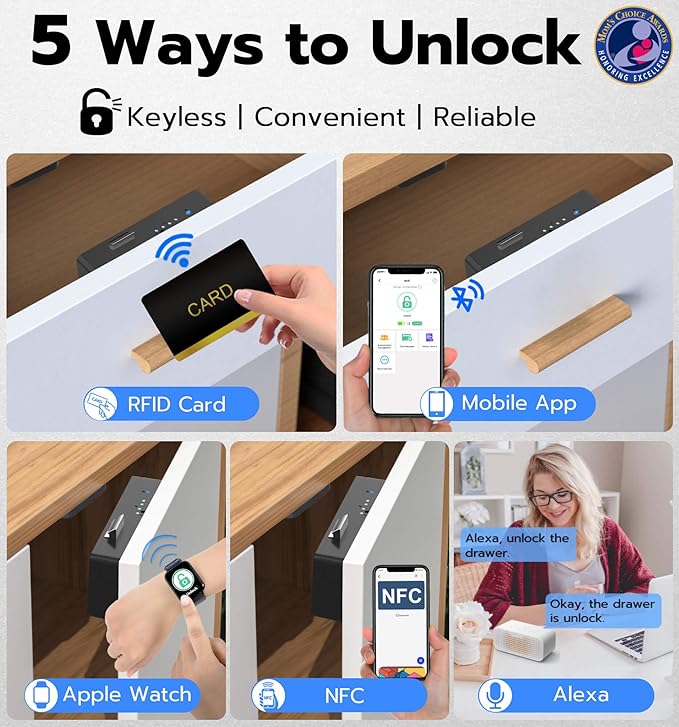 eLinkSmart Smart Cabinet Lock, Hidden No Drill Adhesive Magnetic Baby Proofing Child Proof Drawer Locks, Keyless RFID Bluetooth Cabinet Locks for Adults File Kitchen Cupboard Closet Liquor - Black