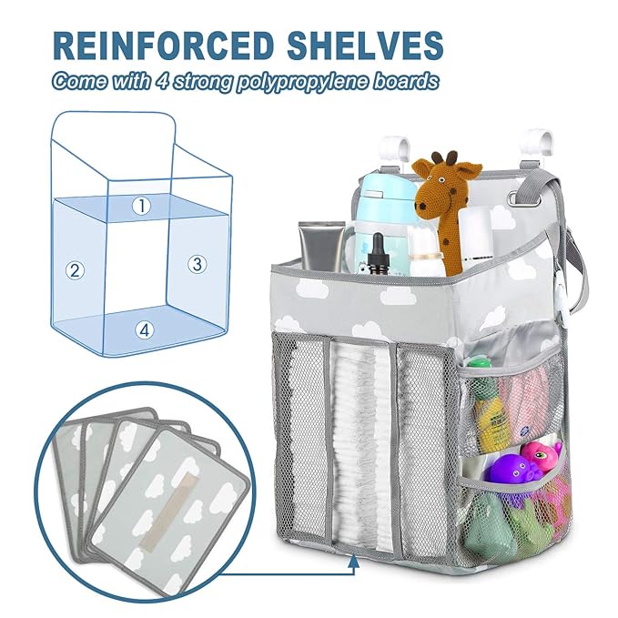 Diaper Caddy Hanging Diaper Caddy Organizer, Hanging Nursery Nappy Organiser Diaper Holder Caddy Stacker for Baby Girl Boy Crib Changing Table Playard Wall Baby Shower Gifts Bedside Storage Bag -Grey