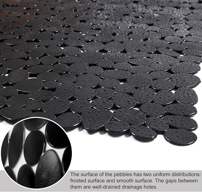 Bath Tub and Shower Mats, Non-Slip Pebble 35 x 16 Inches Machine Washable Bathtub Mat with Drain Holes, Suction Cups for Bathroom (Black)