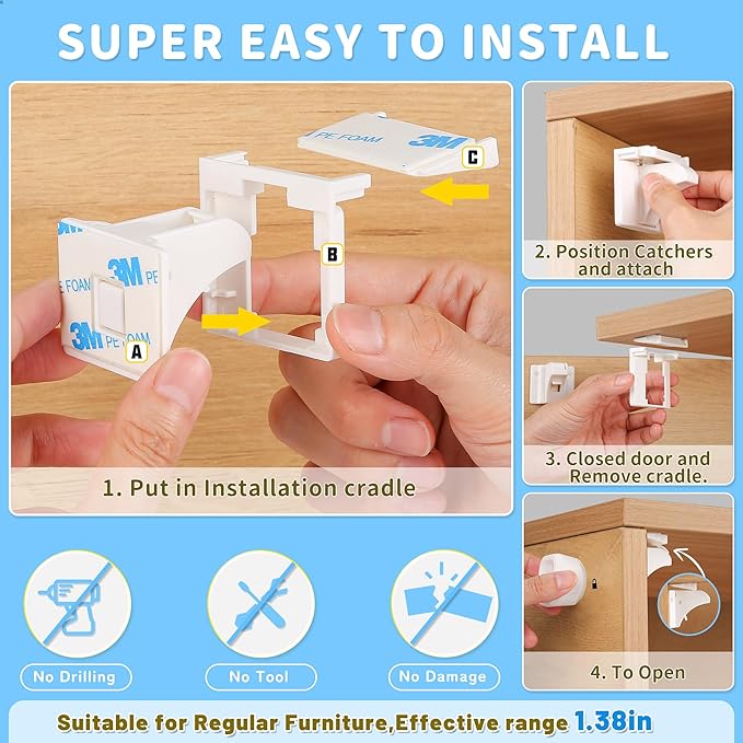 20 Pack Magnetic Cabinet Locks Baby Proofing - Baitiny Child Proof Cupboard Drawers Latches - Adhesive Easy Installation