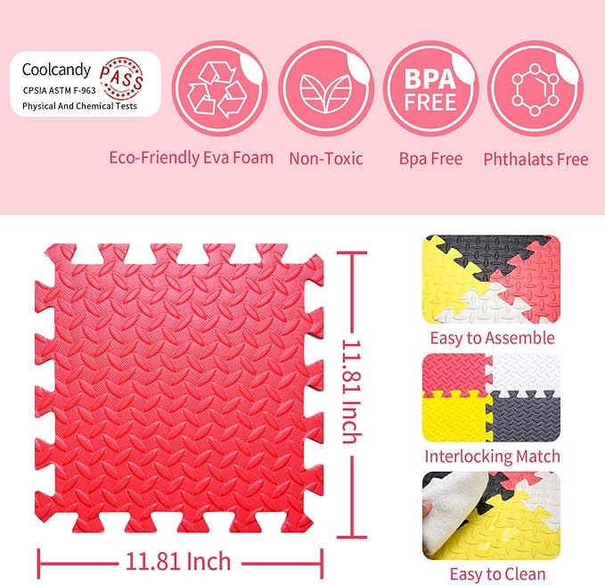 Coolcandy Baby Foam Play Mat 16Pcs with Edge Strips, 4 Colors Interlocking Floor Tiles, 0.4″ Thickened Non-Slip Puzzle Floor Mat for Infants Toddlers Playroom & Daycare