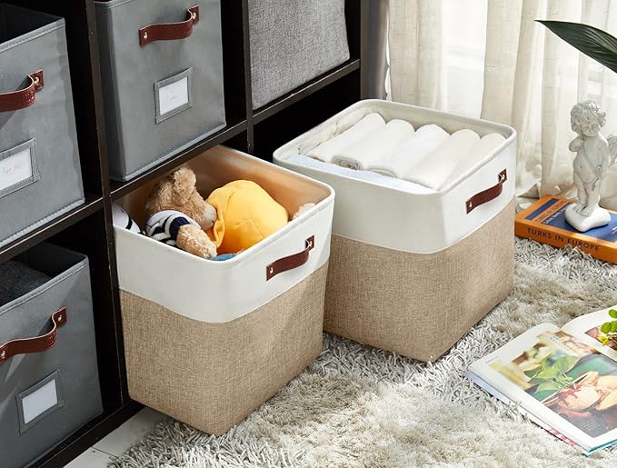 DECOMOMO Storage Cubes, 11x11 Cube Storage Bins, Baskets for Shelves (Beige & White, 4 Pack)