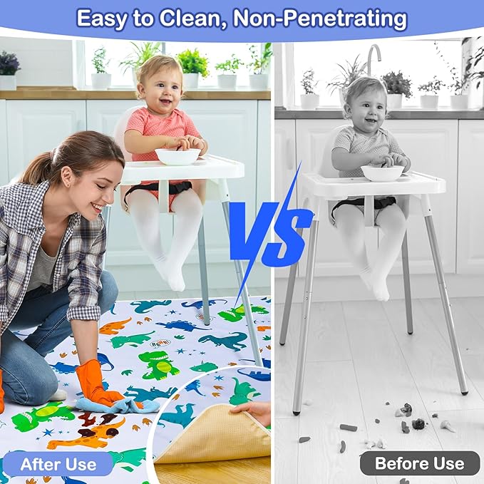 Basumee Splat Mat High Chair Mat Waterproof Baby Play Splat Mat for Under High Chair Food Catcher Highchair Mat for Floor Non Slip Bottom, Green Dinosaur, 51x51 Inches