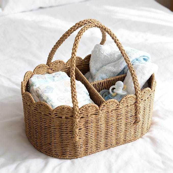 Diaper Caddy Organizer, Paper Rope Storage Baskets Nursery Bin with Removable Divider, Portable Car Organizer for Diapers, Baby Shower Gifts, Newborn Essentials Must Haves