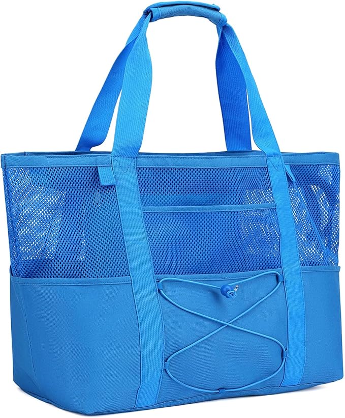 Mesh Beach Bag, Large Beach Tote with Zipper Pocket for Family Pool Bag for Toys & Vacation Essentials