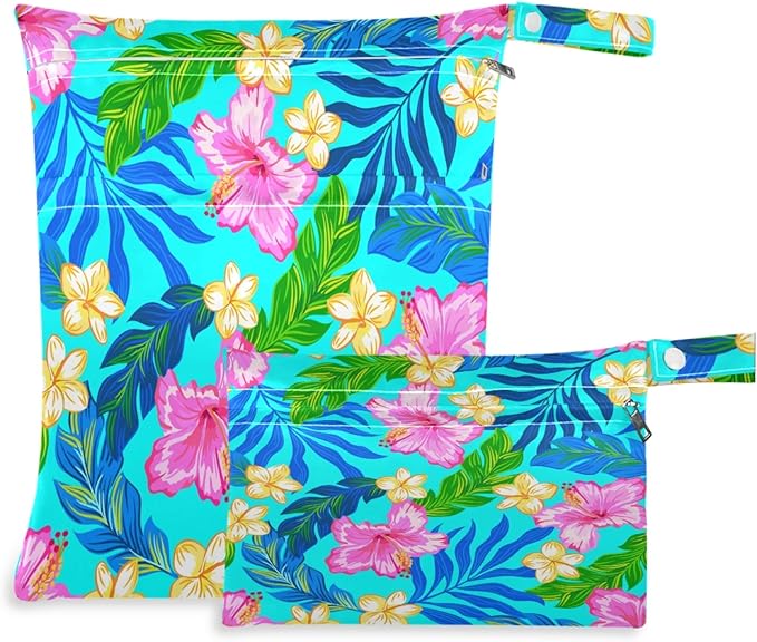 visesunny Tropical Hibiscus Floral Turquoise 2Pcs Wet Bag with Zippered Pockets Washable Reusable Roomy for Travel,Beach,Pool,Daycare,Stroller,Diapers,Dirty Gym Clothes, Wet Swimsuits, Toiletries