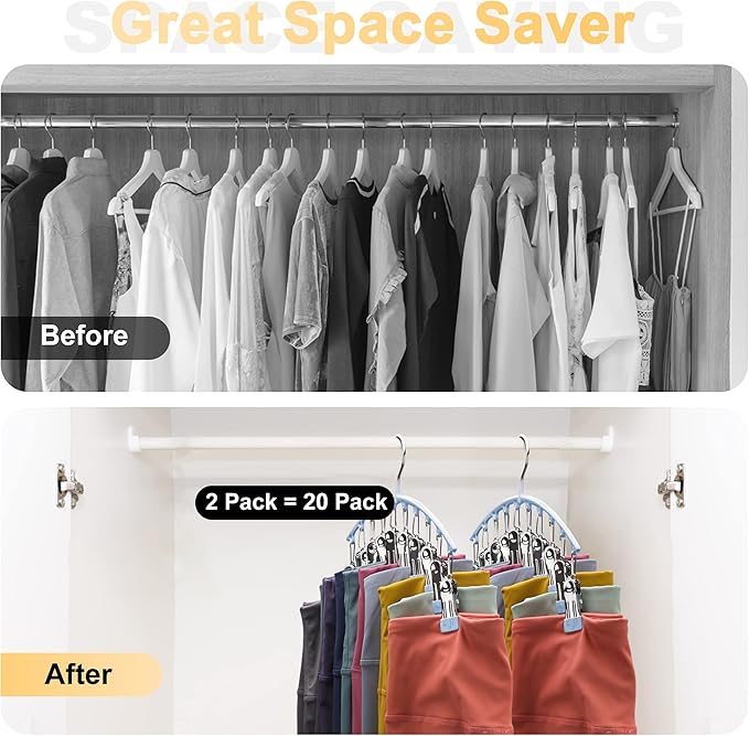 Volnamal Legging Organizer for Closet, Metal Yoga Pants Hanger w/Rubber Coated 2 Pack w/10 Clips Hold 20 Leggings, Hangers Space Saving Hanging Closet Organizer for Closet Organizers and Storage, Blue