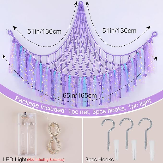 FIOBEE Stuffed Animals Net or Hammock with LED Light, Toy Hammock Hanging Stuffed Animals Storage Organizer Holder Room Décor for Nursery Kids Bedroom