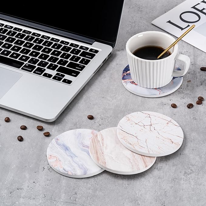 Hoewina 6Pcs Drink Coasters with Holder, Natural Style Ceramic Drink Coaster, Absorbent Coasters Set Suitable for Kinds of Cups, Modern Style Coasters for Coffee Table, 4 Inches（Style 5）