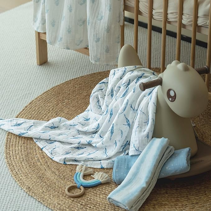 Muslin Swaddle Blankets for Newborn, 4 Pack Cotton Baby Blankets for Boys, Large 31.5 x 43.3 Breathable Soft Receiving Blanket, Essentials Swaddle Wrap Burping Clothes, Blue Whale