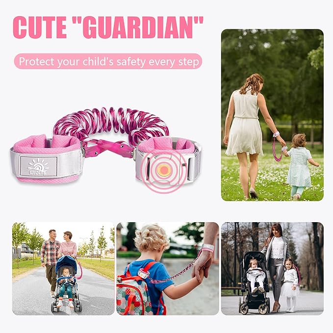 Anti Lost Wrist Link,Toddler Harness Walking Leash with Induction Lock,Reflective Child Wrist Leashes for Baby,6.56ft Kids Leash for Supermarket Mall Airport Amusement Park Zoo Travel（Pink）