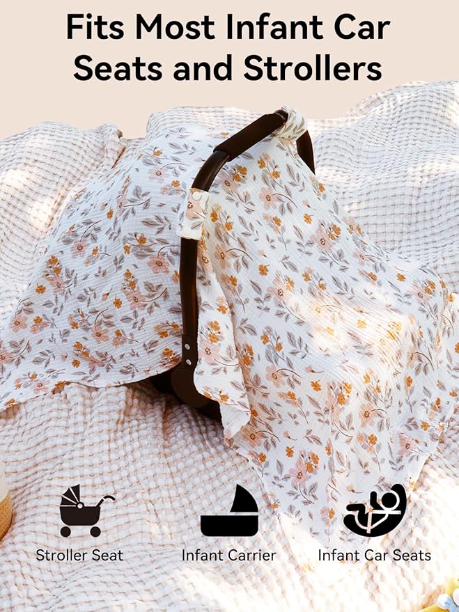 TILLYOU Baby Car Seat Cover, Breathable Muslin Cotton Infant Car Seat Cover, Lightweight Canopy with Sun and Bug Protection(Yellow Flower)
