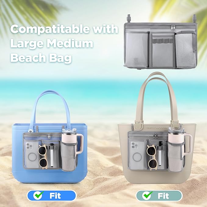 OUTXE Organizer Holder for Bogg Simple Modern Bag Accessories, Cup Phone Holder compatible with Stanley, Storage Mesh Divider Organizing Insert Pouch for XL Bog Beach Rubber Tote Bag, Gray