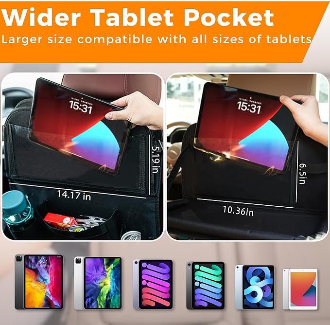 Haoxiang A-P Backseat Car Organizer with Tray, 9 Storage Pockets Back Seat Protector with Foldable Tablet Holder, Waterproof Back of Seat Kick Mats for Kids Adult, Travel Accessories 2 Pack, Gray