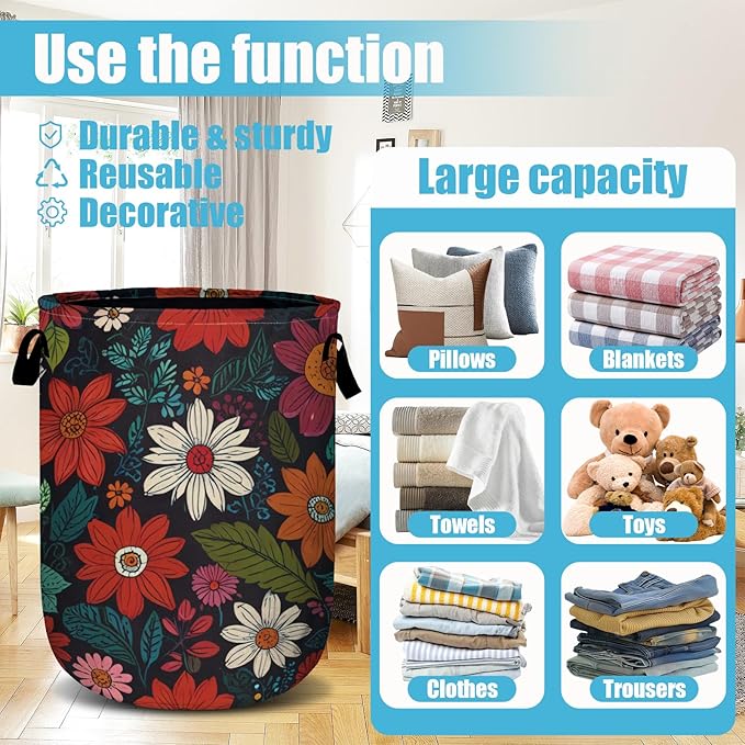 Colorful Flowers Leaves Laundry Basket, Laundry Hamper Collapsible Oxford Cloth with Handle Clothes Toy Storage Bin for Bathroom Laundry Room Bedroom 15.7 X 20 Inch