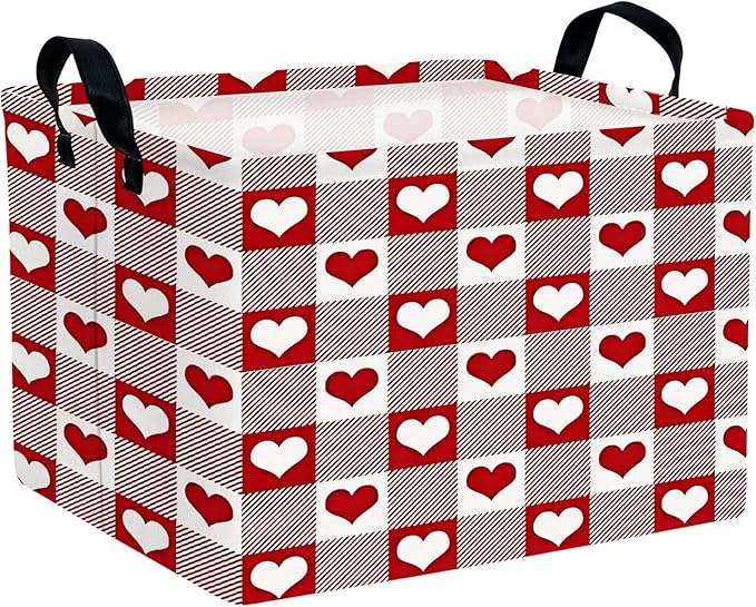 ASKETAM Valentine's Day Basket for Gifts Empty Cute Heart Large Gift Basket Decorative Storage Bin for Kid and Baby Room Décor (Deep Red Checkered Heart)