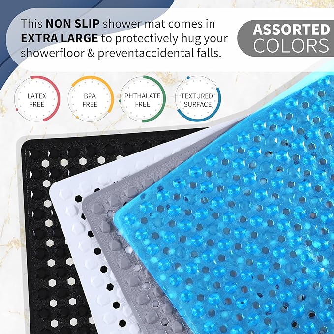Yimobra Square Shower Floor Mat Non Slip, 21"x21" Machine Washable Bath Tub Mat, Soft on Feet, Bathmat with Drain Holes and Suction Cups, Fast Draining, Clear