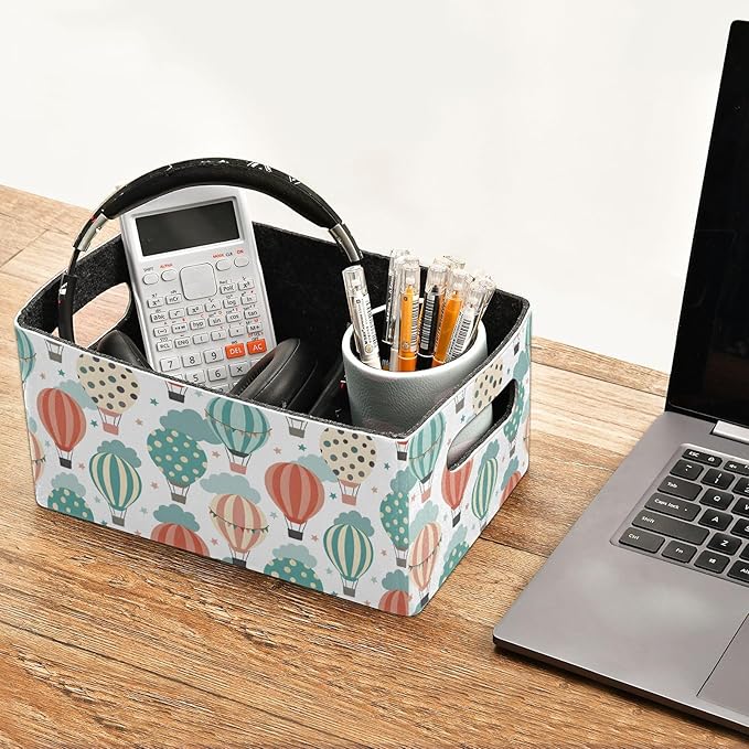 Emelivor Hot Air Balloons White Storage Basket Bins Set (2pcs) Felt Foldable Storage Bins with Fabric Rectangle Storage Organizing Baskets for Organizer, Closet, Shelves, Office
