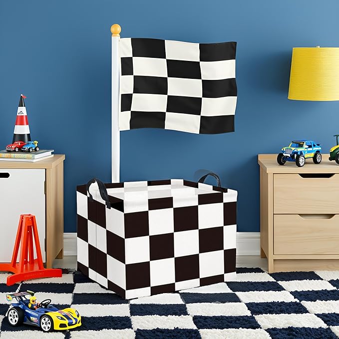 TIBAOLOVER Rectangular Checkered Basket Storage Bin Collapse Storage Basket with Handles for Organizing Home Kitchen Boys and Girls Toys Office Closet Shelf Baskets (Race Flag)