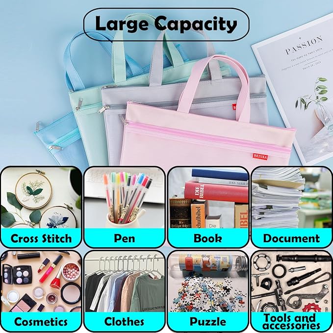 BRZUKA Mesh Zipper Pouch 11x13.7 in, A4 Double Pocket Waterproof File Bag with Handle, Document Storage for School/Travel/Office/Cross Stitch/Puzzle (Green)