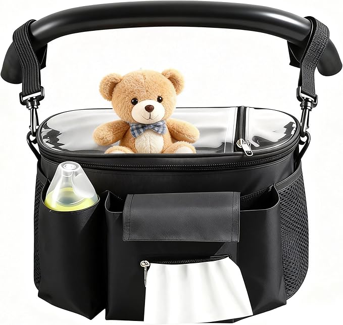 Smlper Stroller Organizer with Cup Holders, Adjustable Universal Organizer Caddy Bag - Phone Pocket & Detachable Strap for Baby Stroller and Pet Stroller (Black)