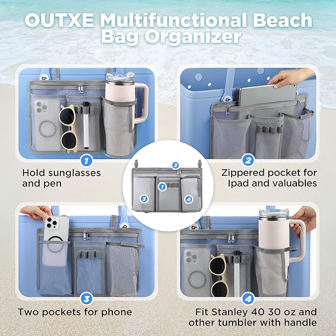 OUTXE Organizer Holder for Bogg Simple Modern Bag Accessories, Cup Phone Holder compatible with Stanley, Storage Mesh Divider Organizing Insert Pouch for XL Bog Beach Rubber Tote Bag, Gray