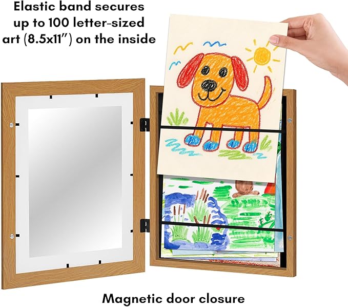 Americanflat Kids Artwork Frame Changeable (Dark Oak) - Magnetic Door Holds 100 Art Pieces - 8.5x11 Letter Size Display with Mat or 10x12.5 Without Mat - My Mini Masterpiece