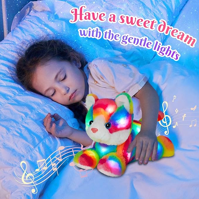 Glow Guards 13" Light up Musical Rainbow Cat Stuffed Animal,LED Night Light Glowing Singing Snuggle Kitty Plush Toy Glow in The Dark,Christmas Birthday Gifts for Toddlers Kids Children
