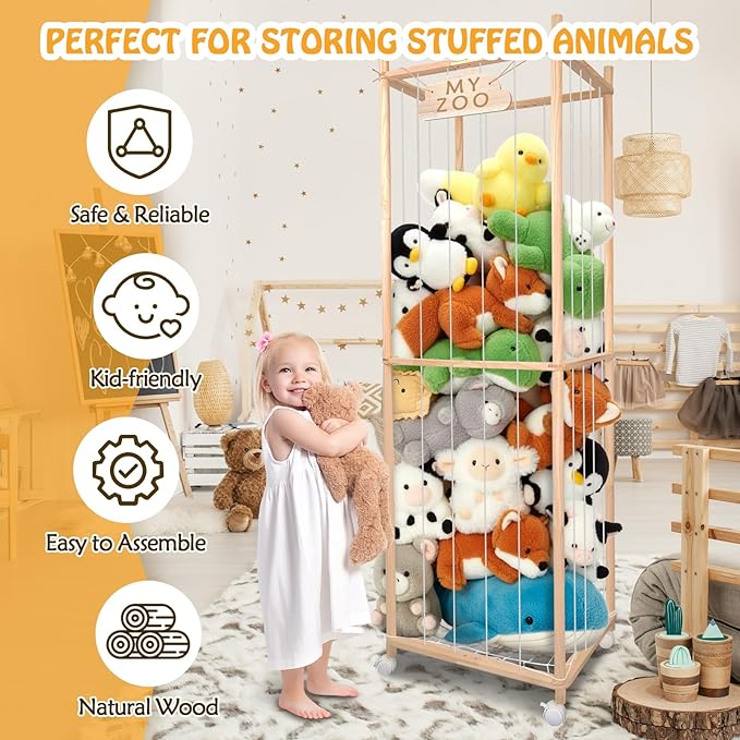 BETBEM Stuffed Animal Storage Zoo with Wheels, 64" Wooden Large Stuff Animals Plushies Holder Toy Organizer Kids Plush Storage Cage with Elastic Band and Net for Nursery Playroom Corner for Toddler