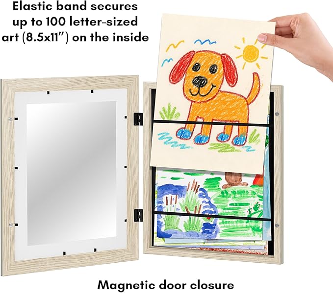 Americanflat Kids Artwork Frame Changeable (Light Wood) - Magnetic Door Holds 100 Art Pieces - 8.5x11 Letter Size Display with Mat or 10x12.5 Without Mat - My Mini Masterpiece