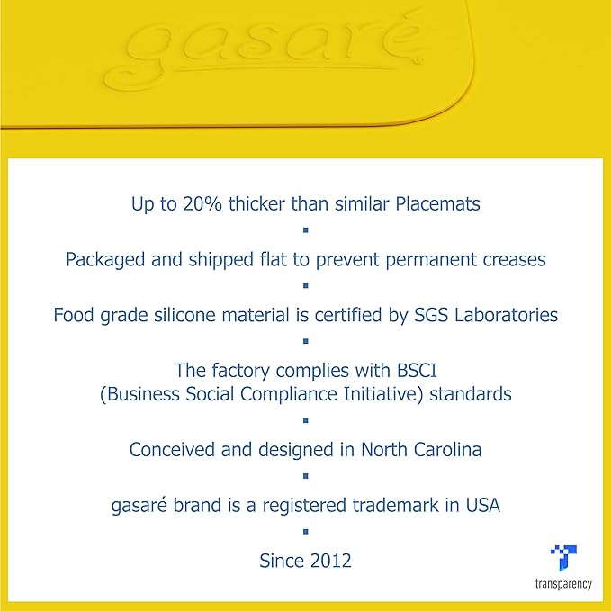 GASARÉ, Placemats Set of 4, Silicone Placemats, Table Mats, Non-Slip, Easy to Clean, Heat Resistant, Flexible, 20% Thicker, 16 x 12 inches x 1.1mm, Yellow