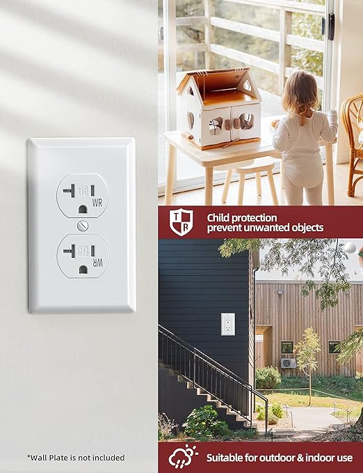 AIDA 20 Amps Outlets Duplex Electrical Receptacle Outlets,Weather Resistance & Tamper Resistant, Receptacle Wall Outlet,Residential,TR,3-Wire, Self-Grounding Clip, NEMA 5-20R,UL Listed 10 Pack, White
