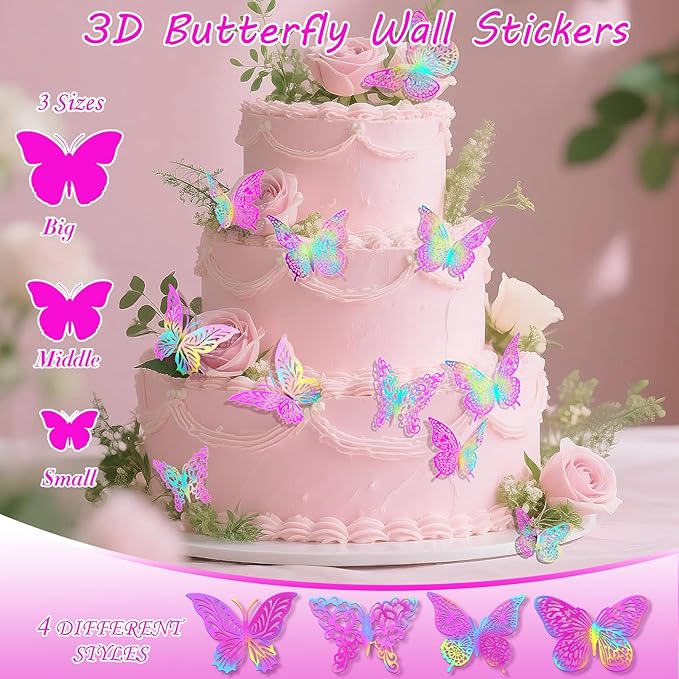3D Gold Butterfly Wall Decor 3 Sizes 4 Styles Butterfly Party Decorations Cake Decorations Removable Stickers Wall Decor Room Mural Metallic Kids (Laser Pink Purple, 36Pcs)