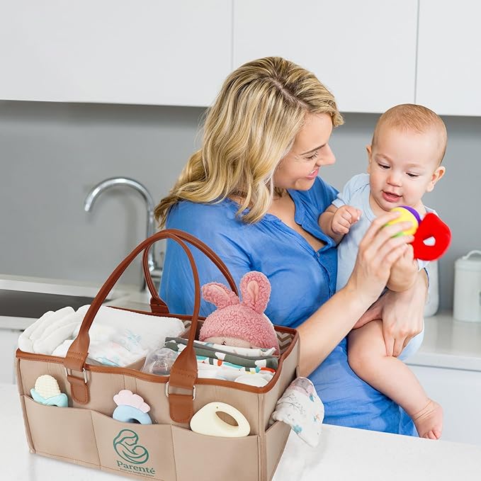 Parenté Diaper Caddy Organizer—Portable Baby Caddy for Baby Stuff, Newborn Essentials Must-Haves, Caddy Organizer with Handle, Ideal Baby Shower Gifts, Nursery Storage Basket for Diapers & Wipes