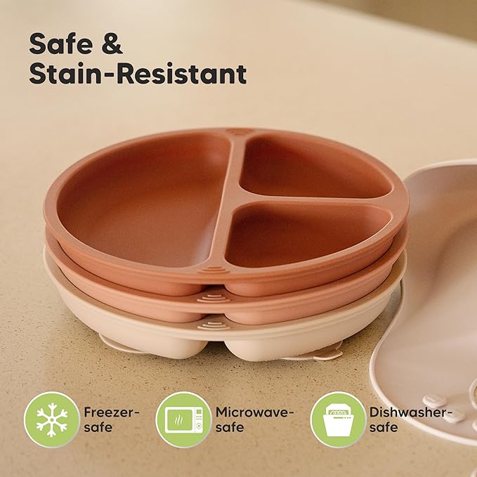KeaBabies Suction Plates for Baby, Toddler - 3-Pack 100% Silicone Toddler Plates with Suction, Divided, BPA-Free Baby Led Weaning Essentials for Kids, Dishwasher, Microwave Safe, Durable (Roseate)