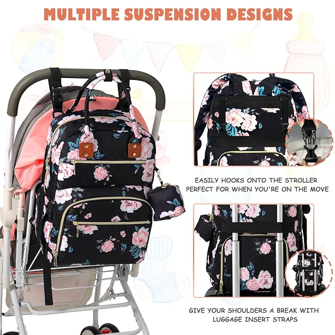 Tenot Baby Diaper Bag Backpack, Travel Diaper Bags for Girl Boy Large Capacity Baby Bag Backpack for Women Black Floral