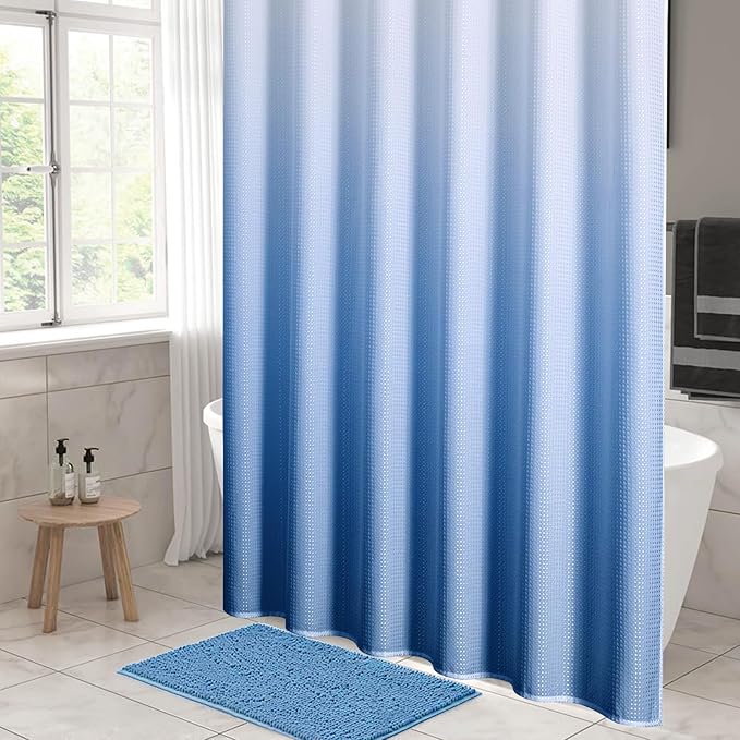 MitoVilla Blue Ombre Waffle Fabric Shower Curtain, Light Blue Waffle Weave Textured Shower Curtains for Luxury Bathroom Decor, Modern Weighted Bathroom Shower Curtain, 72 x 72
