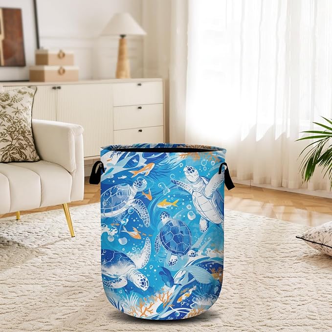 Sea Turtle Laundry Basket, Ocean Fish Coral Laundry Hamper Collapsible Oxford Cloth with Handle Clothes Toy Storage Bin for Bathroom Laundry Room Bedroom 15.7 X 20 Inch