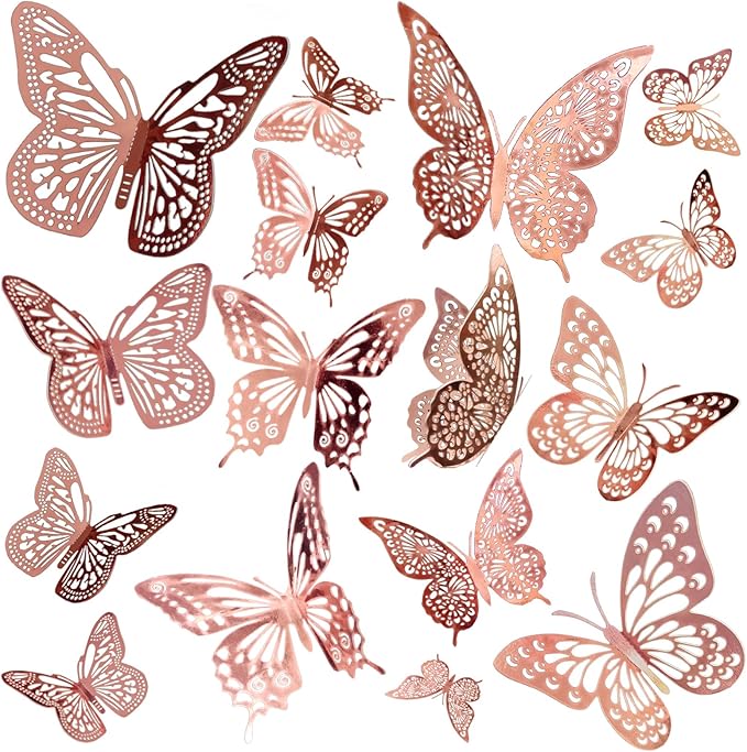 JOSDIOX 3D Rose Gold Butterfly Wall Stickers - 48 Pcs with 4 Styles & 3 Sizes, Removable Decor for Party Birthday Wedding Cake Balloon Decoration（48 Rose Gold