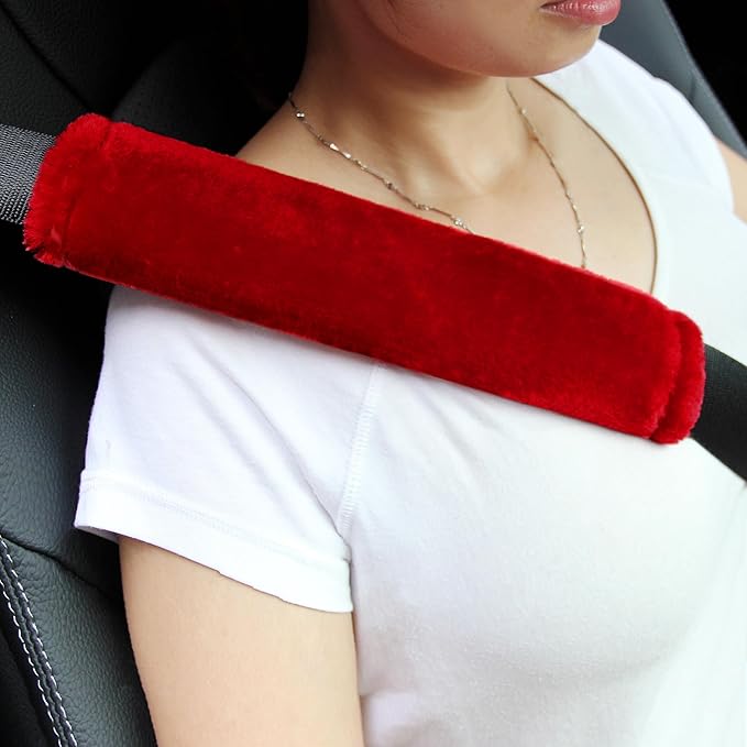 Amooca Soft Faux Fur Universal Fit Seatbelt Cover Car Truck SUV Airplane Seat Belt Shoulder Pad for Carmera Backpack Straps Neck Cushion Protector 2 Pack 10.5in Red