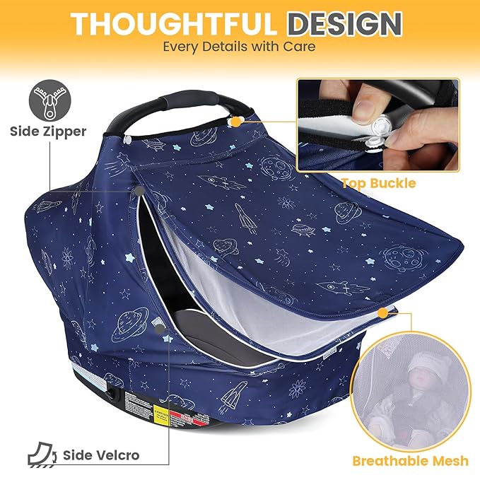 Orzbow Baby Car Seat Cover, Breathable Car Seat Canopy for Girls Boys with Mesh Window, Lightweight Baby Carrier Cover for Wind, Dust, Sun and Insects Protection, Universal Fit, Dark Blue