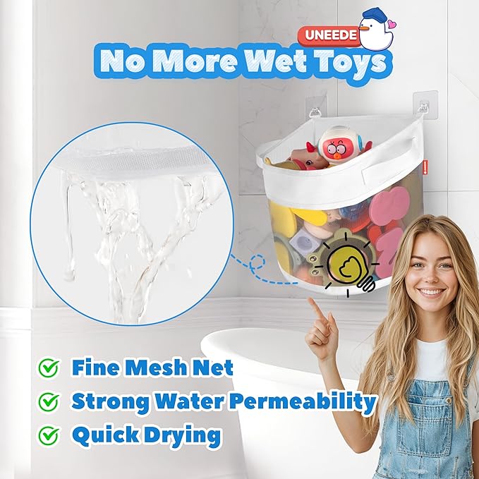 UNEEDE Bath Toy Organizer,1.55 Gallons Bathtub Toy Storage Organizer,Quick Access Bath Toy Holder For Bathtub,Baby Organizer And Storage,Quick Dry Baby Storage For Tub,Mesh Shower Caddy(Gray)
