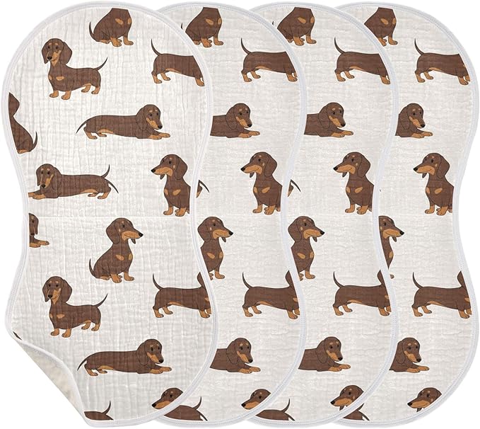 Qinllo 4 Pack Muslin Burp Cloths Dachshund Dogs Cute Cotton Baby Burp Cloths Ultra Absorbent Burping Cloth Soft Spit Up Rags for Newborn Babies 22x11 Inch