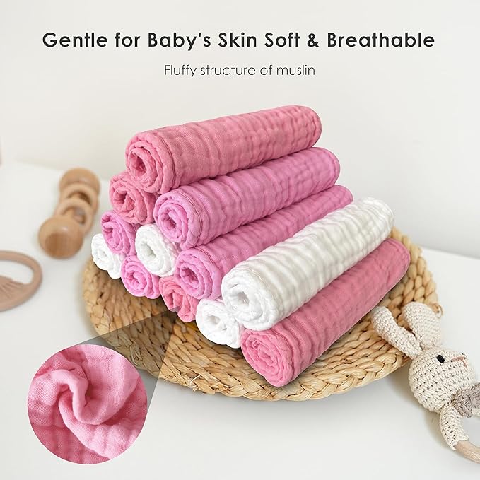 Muslin Burp Cloths for Baby 100% Cotton Burping Cloths for Unisex, Boy, Girl - Large 20'' by 10'' Newborn Essentials Ultra Soft Absorbent Milk Spit Up Rags - 12 Pack - White+Deep Sakura Series